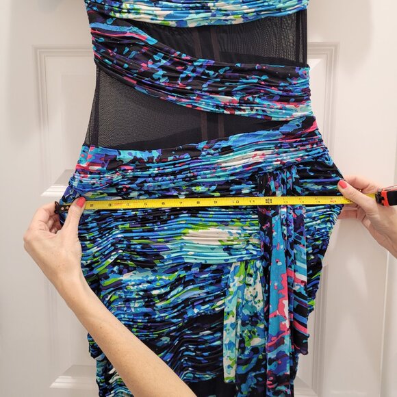 BCBG MAXAZRIA Runway Dress. Mesh Cutouts. Blue Abstract Bodycon. Size S. - Picture 10 of 16